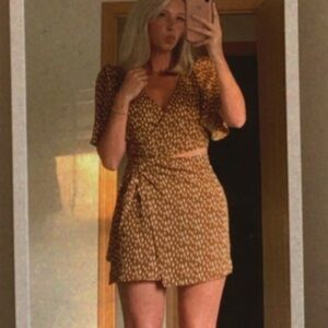 Lush Mustard Brown Dotted Mini Dress